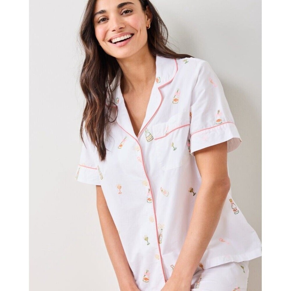 NWT Print Fresh PJ TOP ONLY Bubbly Brunch SS Top Embroidered On White Large